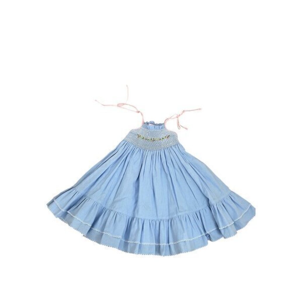 Blue Smocked Sundress With Embroidered Floral Detail Adjustable Pink Ties And Ru